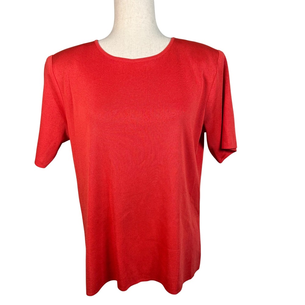 Misook Knit Top Womens Medium Coral Classic Short Sleeve Side Slit Blouse